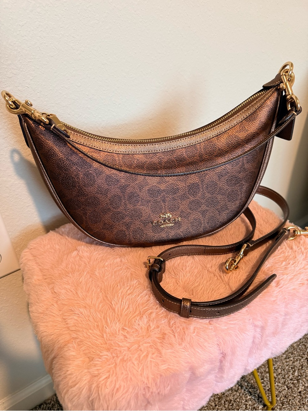 Coach Aria Bag - Brown Signature Crescent Bag with Gold Hardware - Picture 2 of 7